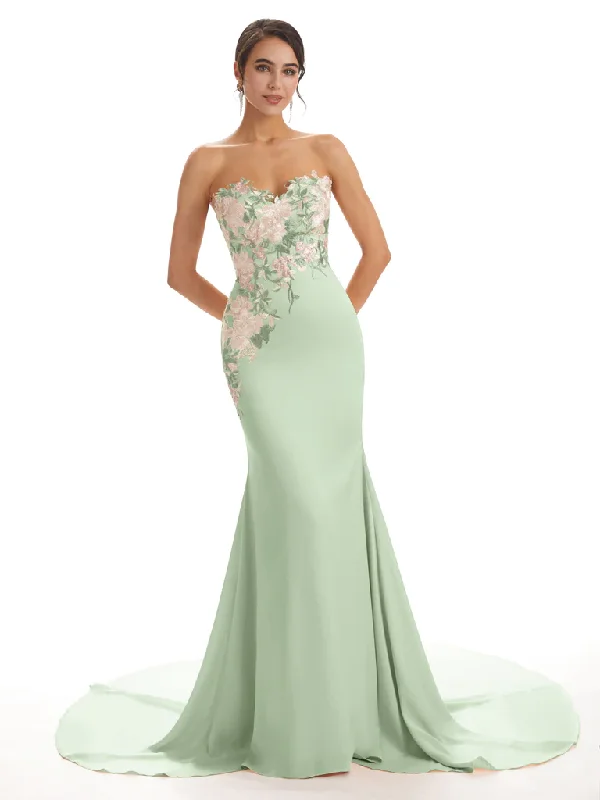 Formal Clothing For Women Cute Sweetheart Soft Satin Floral Lace Mermaid Long Bridesmaid Dresses In Stock