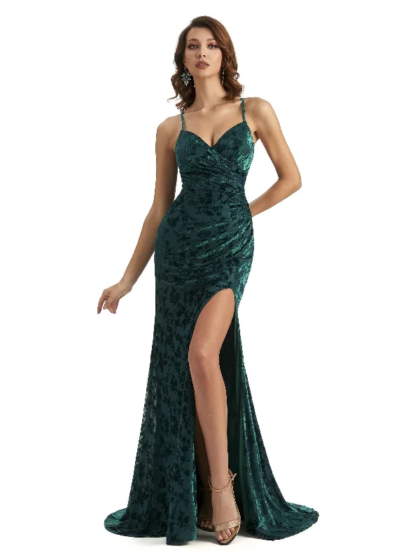 Women's Occasion Wear Clothes Sexy Side Slit Spaghetti Straps Mermaid Floral Velvet Long Bridesmaid Dresses Online