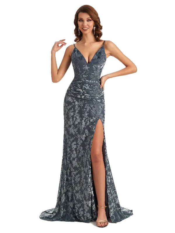 Women's Clothes For Work Sexy Side Slit Mermaid Floral Velvet Unique Long Bridesmaid Dresses Online