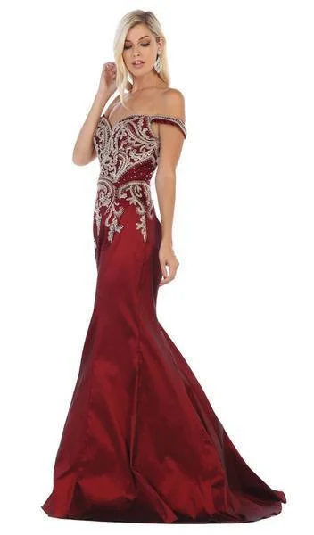 Women's Trendy Clothes May Queen - Metallic Lace Appliqued Trumpet Gown MQ1609 - 2 pcs Burgundy In Size 8 and 12 Available