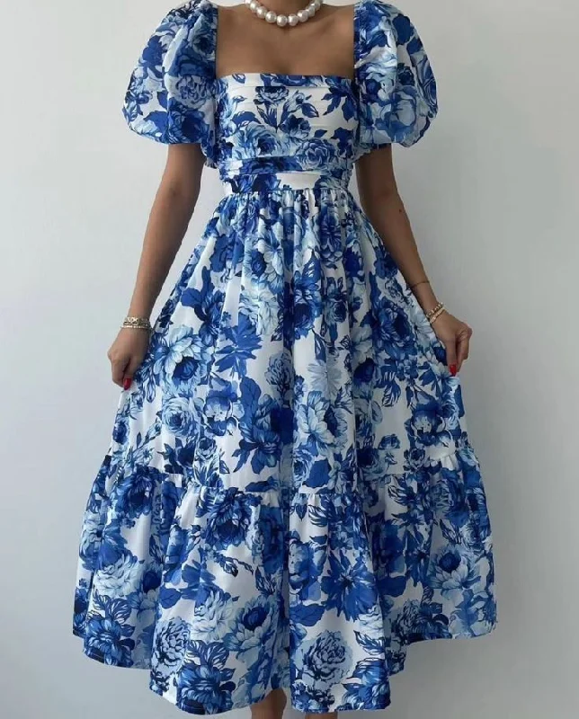 Women's Party Clothes A Line Puff Sleeves Blue Floral Midi Evening Dress Prom Dress     S7044