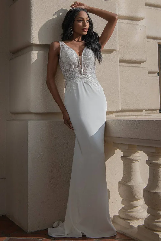 Fashionable Women's Outfit Open V-Back Illusion V-Neck Mermaid Long Wedding Dress AC5030