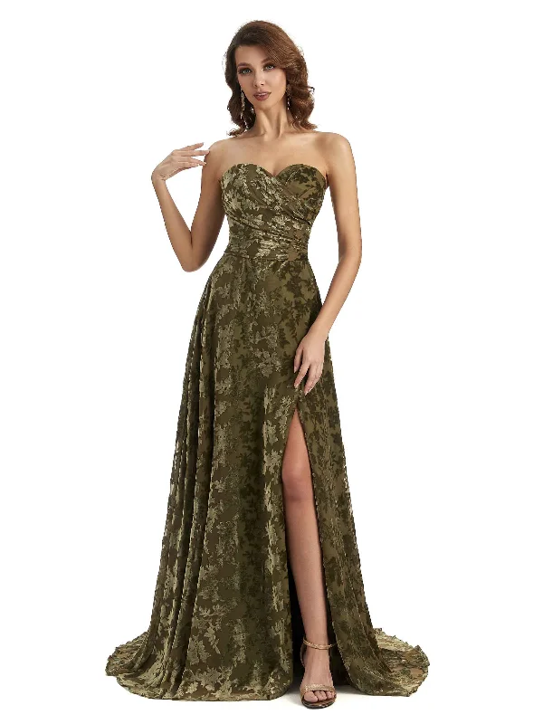 Women's Occasion Wear Apparel Sexy Side Slit Strapless Floral Velvet Sweetheart Long Bridesmaid Dresses Online