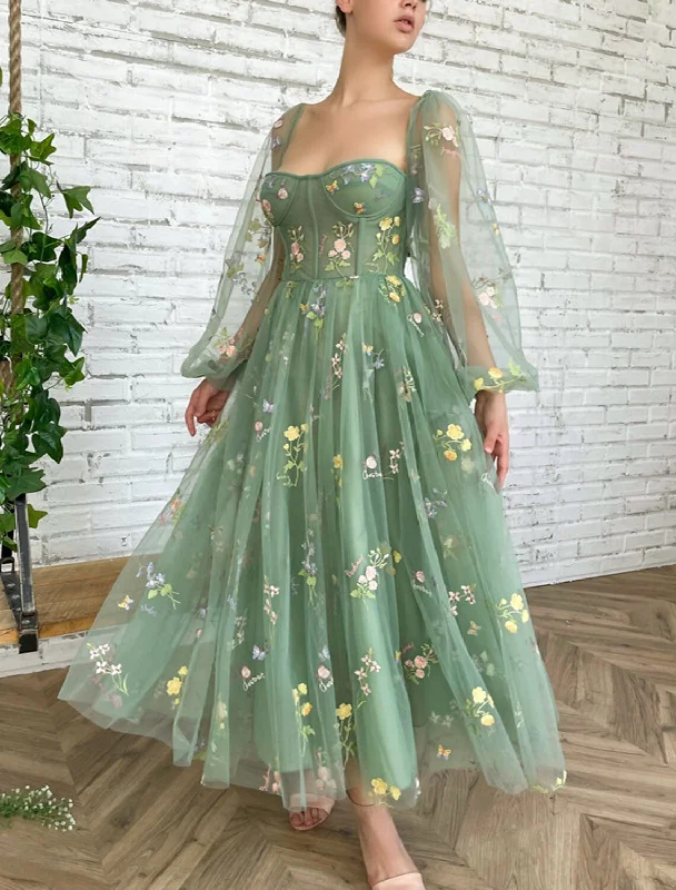 Women's Casual Apparel For Weekends A-Line Prom Dresses Floral Dress Wedding Guest Prom Ankle Length Long Sleeve Square Neck Lace with Appliques