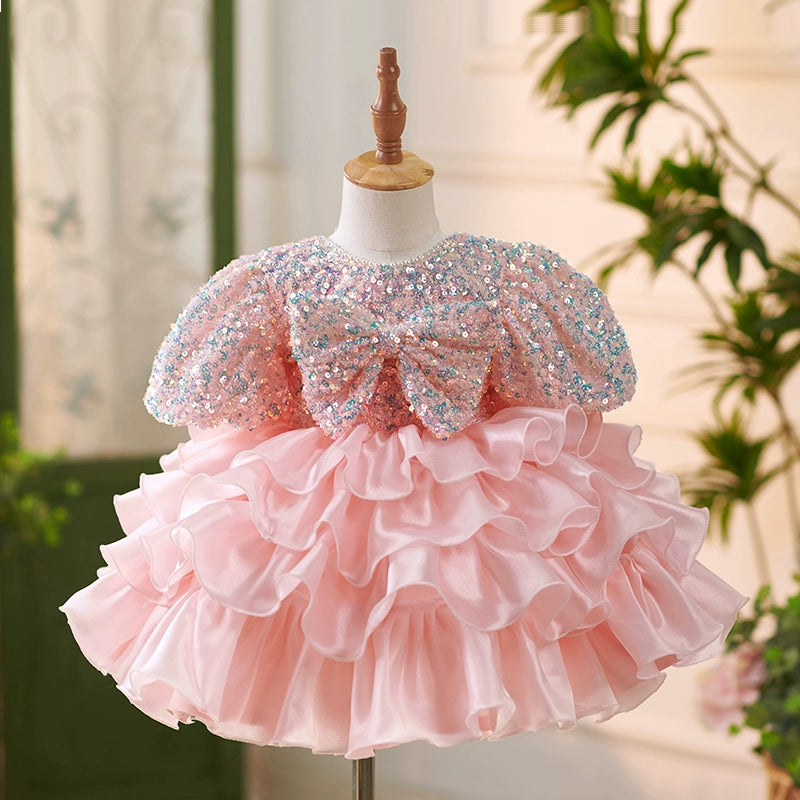 Women's Urban Clothing Elegant Baby Sequined Pink Flower Girl Wedding Dress Puffy Dress Toddler Beauty Pageant Dress