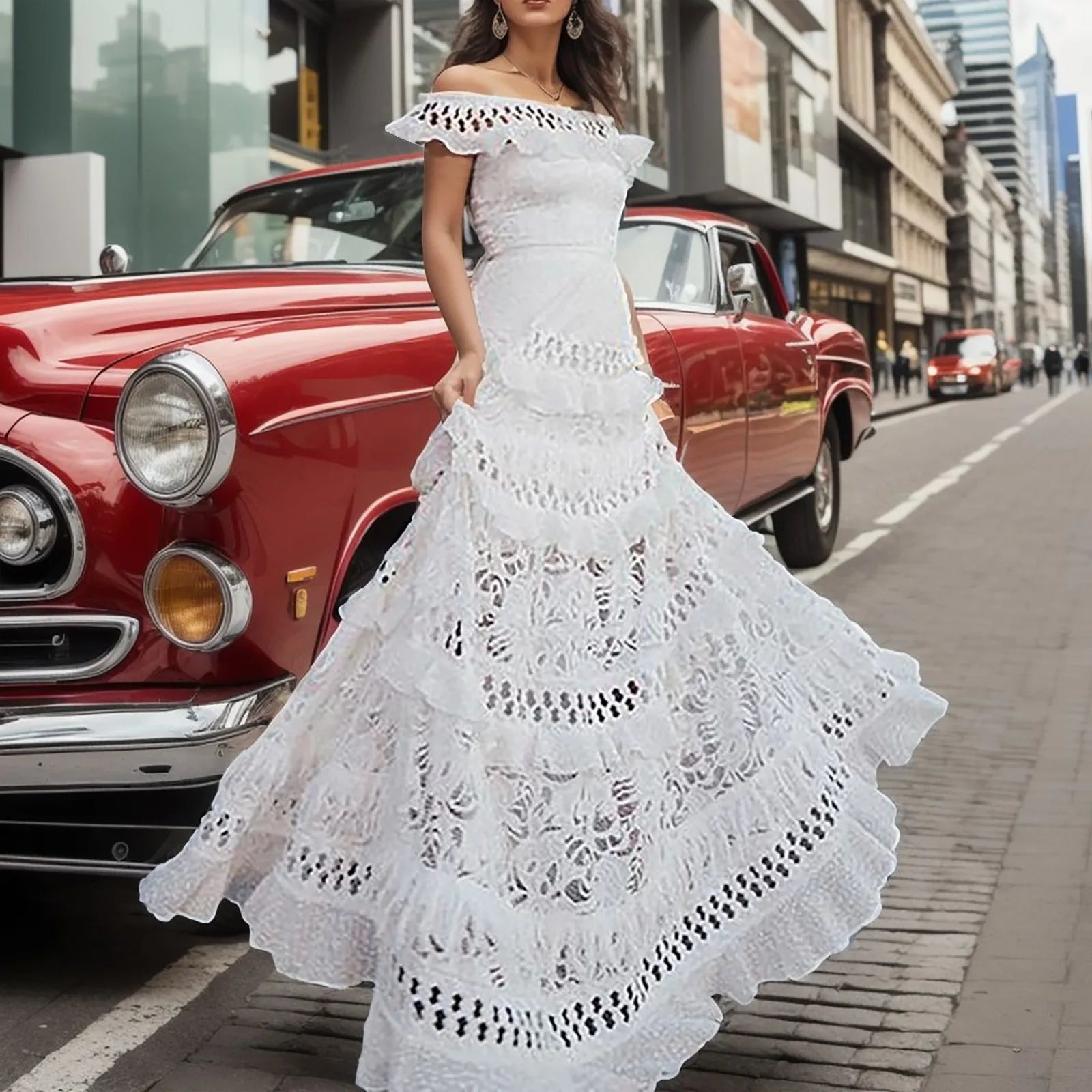 Women's Fashionable Attire For Work JuliaFashion - 2024 Hollow Out Lace Elegant Off Shoulder Wedding Party Formal Gown High Waist White Long Maxi Dress