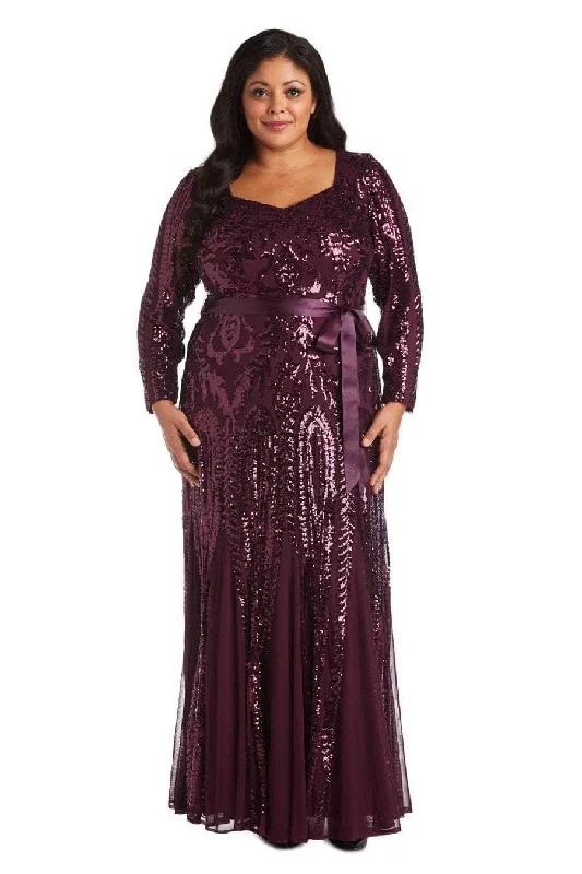 Plus-Size Women's Clothing R&M Richards - Long Sleeve Glitter Evening Gown 5623W - 1 pc Burgundy In Size 22W Available