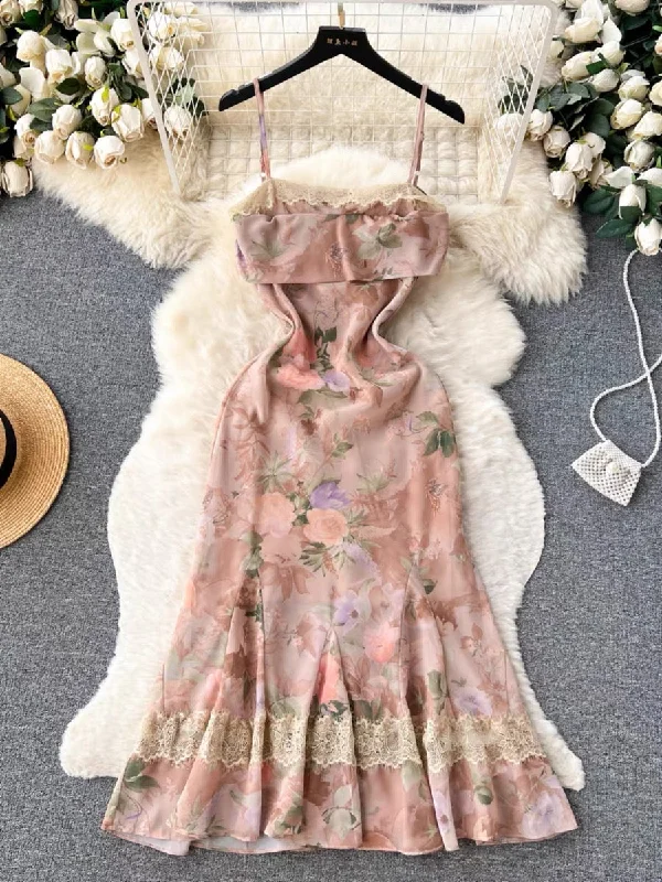 Women's Party Outfit Spaghetti Strap Dress,floral Halter Dress, Waist Fairy Mermaid Dress      S4482