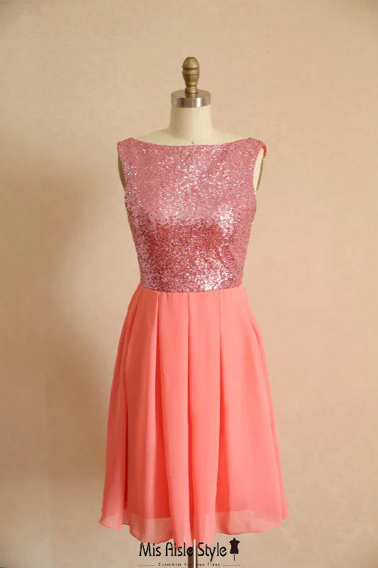 Vintage-Inspired Women's Clothes Short Coral Sequins Wedding Guest Dress