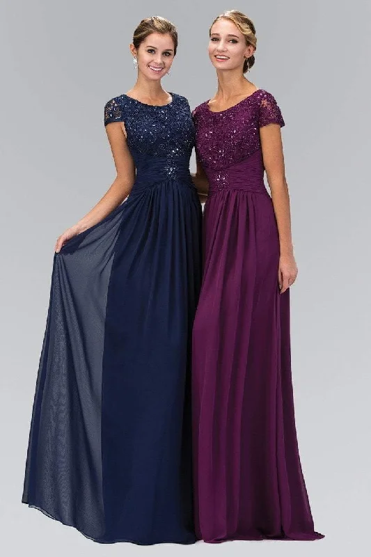 Trendy Athleisure Clothing For Women Elizabeth K Cap Sleeve Beaded Lace Bodice Chiffon Gown - 1 pc Eggplant In Size XL Available