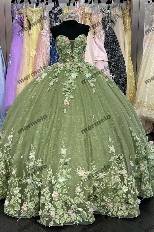 Women's Clothing For Outdoor Activities Sage Green Ball Gown Quinceanera Dresses Sweetheart 3D Floral Brithday Party