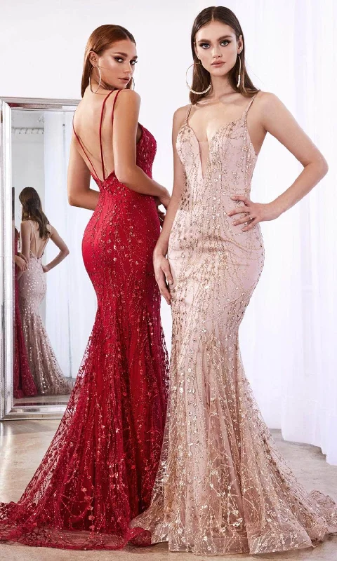 Women's Elegant Evening Outfit Ladivine C25 - Glitter Plunging V-Neck Prom Gown