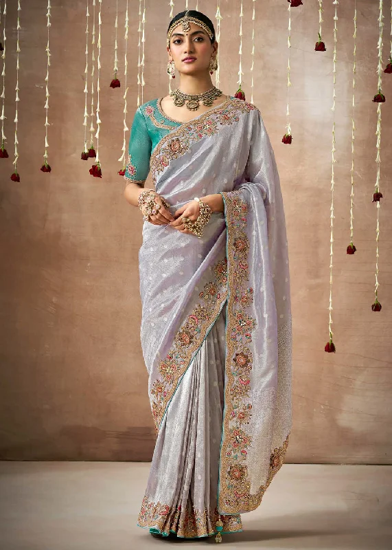 Women's Transitional Apparel Lilac Grey Embroidered Silk Wedding Wear Saree