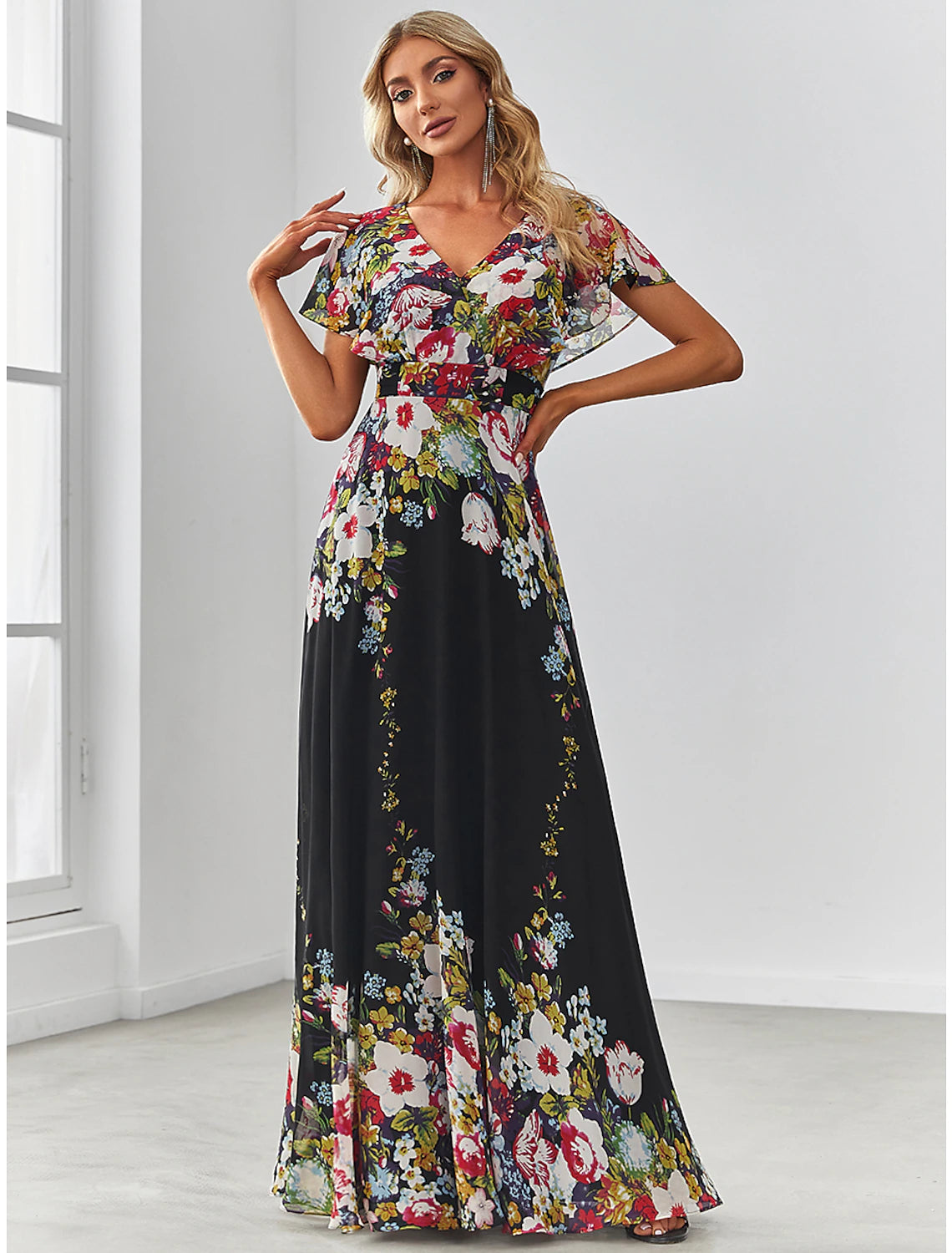 Women's Plus-Size Apparel A-Line Evening Gown Floral Dress Birthday Floor Length Short Sleeve V Neck Chiffon with Pattern / Print