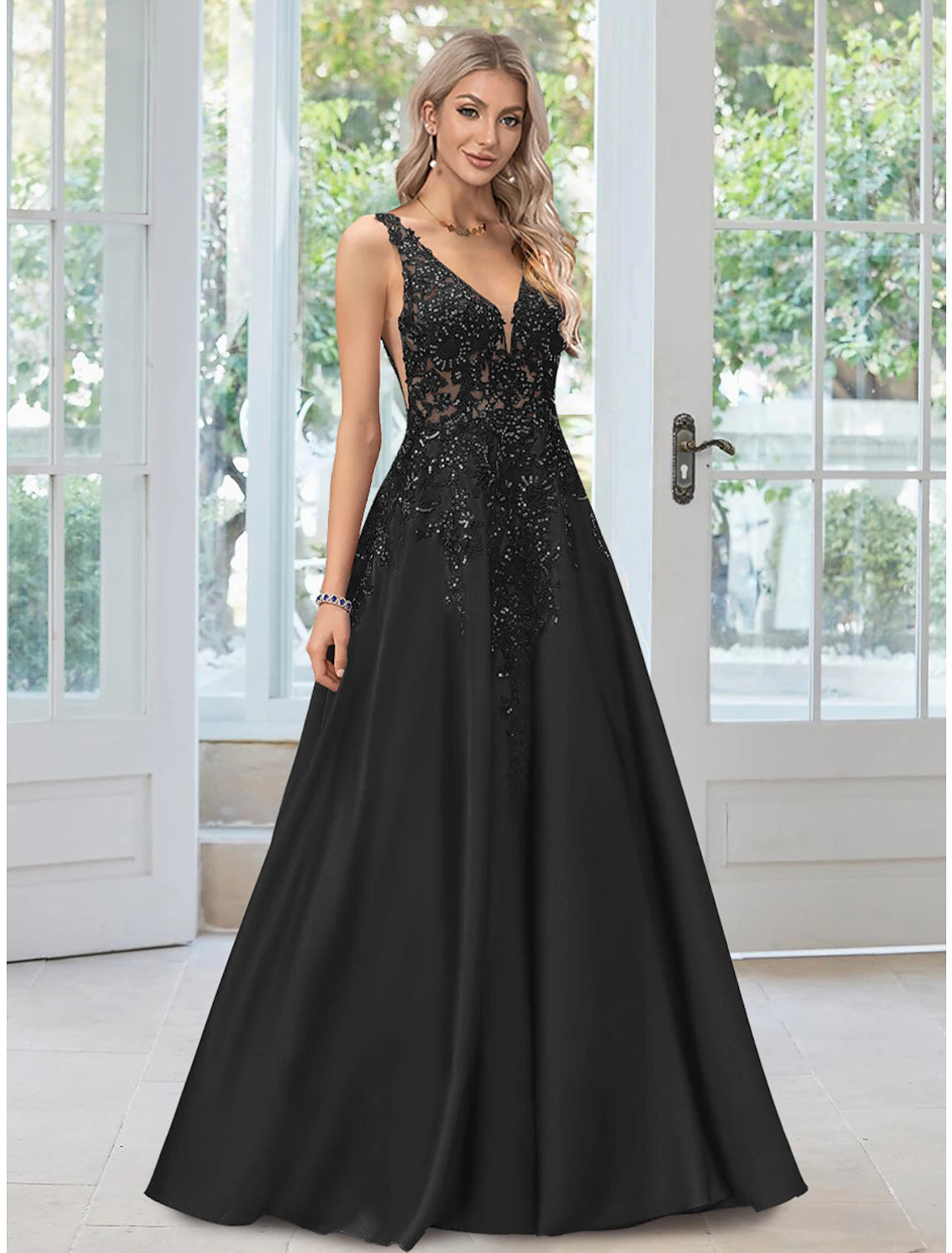 Women's Clothing For Everyday Wear A-Line Evening Gown Floral Dress Formal Black Tie Floor Length Sleeveless V Neck Lace with Appliques