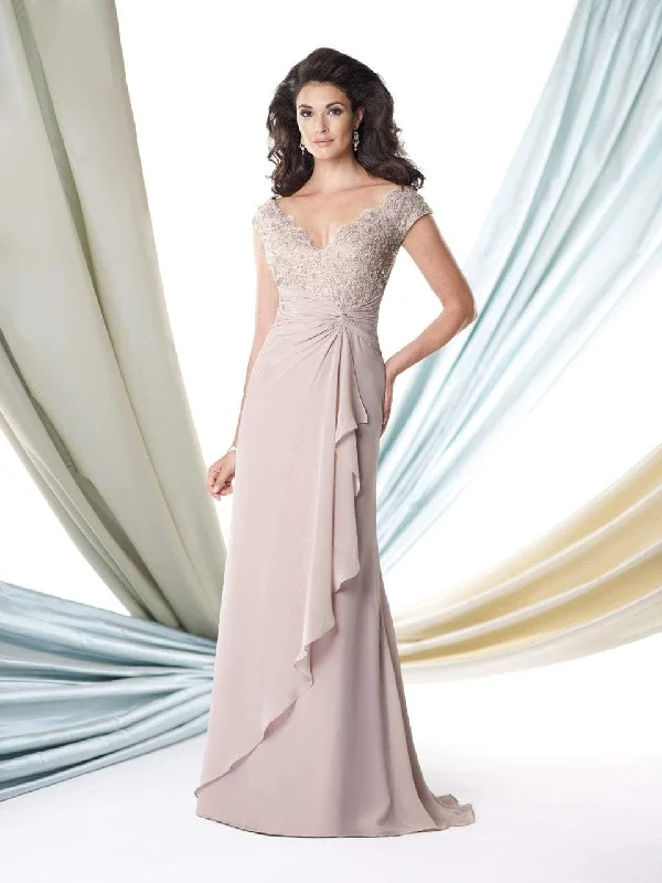 Women's Elegant Outfit Mon Cheri 114917 Lace Cap Sleeve Ruched Empire Gown