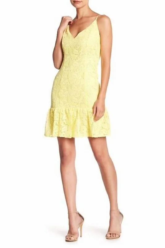 Women's Fashionable Attire For Work Rsvp Gisel Lace V Neck Spaghetti Straps Mini Dress In Yellow