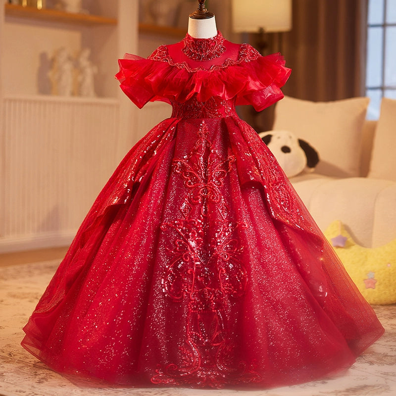 Women's Activewear Outfit Red Girls Dress Children's Wedding Dress Puffy Princess Dress