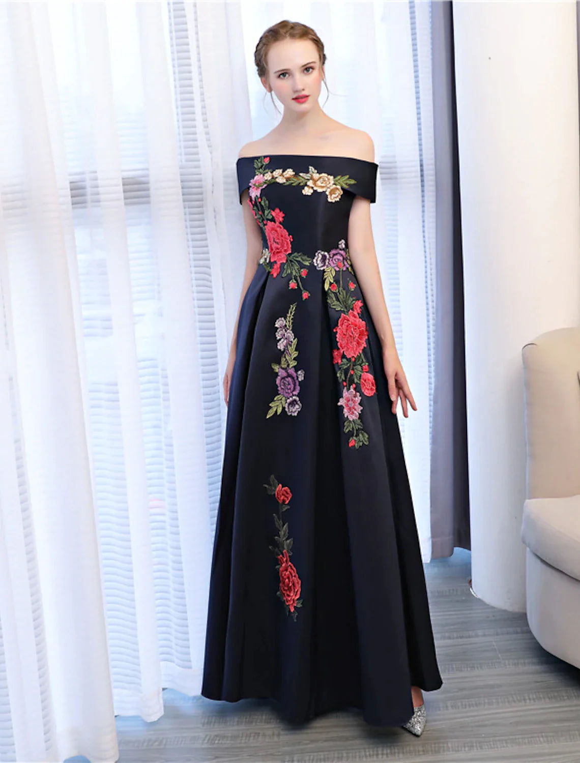 Women's Everyday Clothes A-Line Floral Dress Wedding Guest Floor Length Sleeveless Off Shoulder Satin with Embroidery Appliques