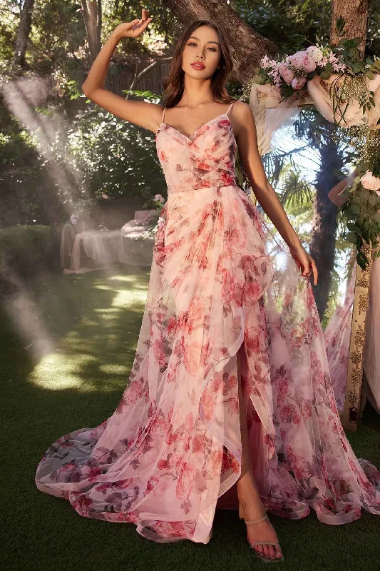 Women's Everyday Garments A Line Floral Printed Gown V-Neck Floor-length Prom Dress With Slit