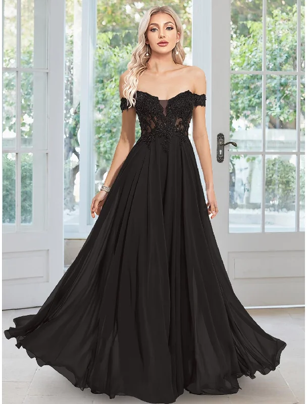 Affordable Luxury Women's Garments A-Line Evening Gown Floral Dress Wedding Guest Prom Floor Length Sleeveless Off Shoulder Chiffon with Appliques