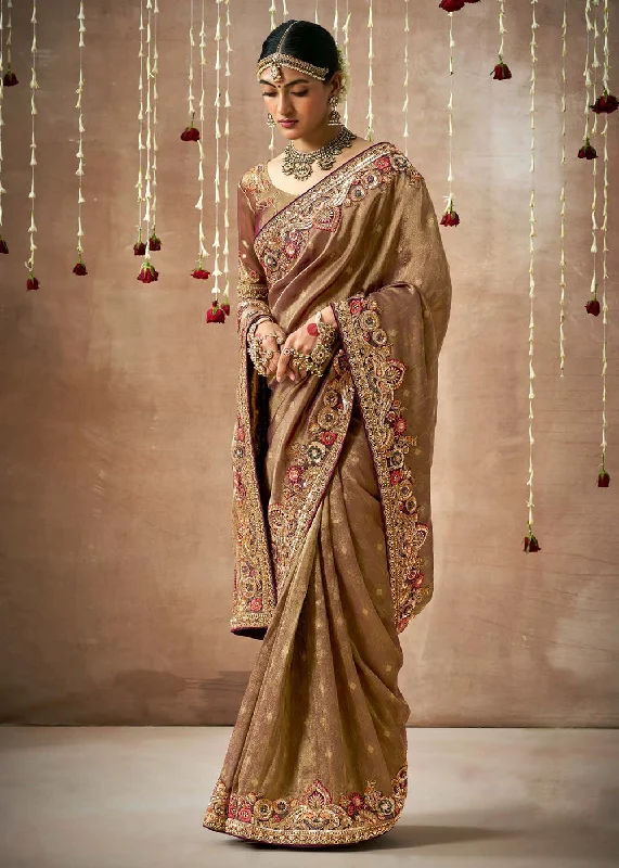 Women's Resort Apparel Brown Embroidered Silk Wedding Wear Saree