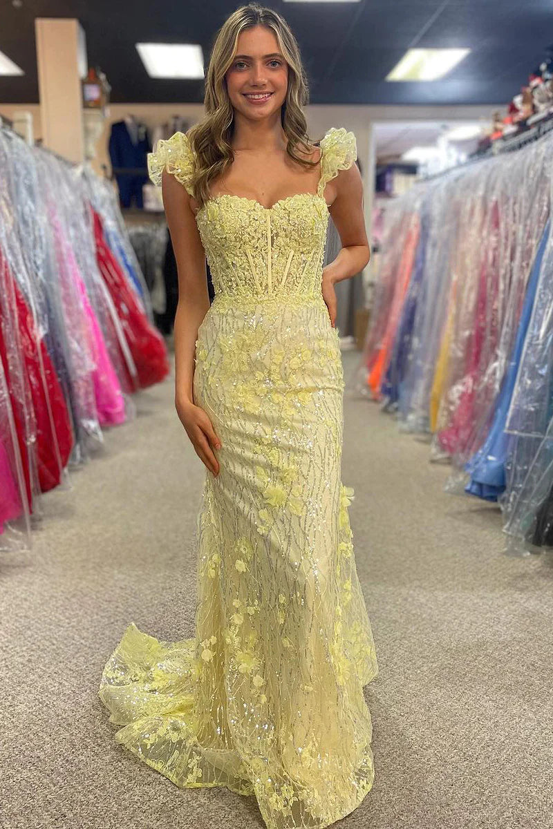 Plus-Size Women's Clothing Yellow Floral Lace Sweetheart Mermaid Long Prom Dress