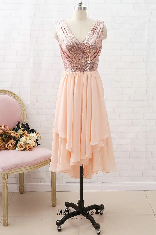 Women's Relaxed Clothes Short Blush Sequins Wedding Party Dress