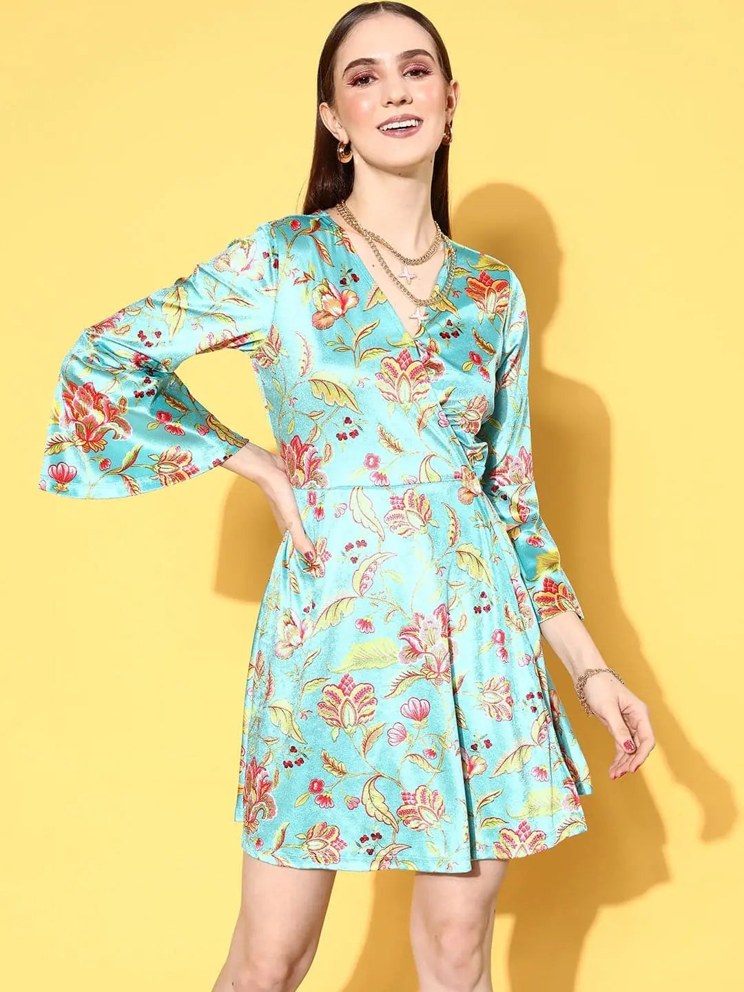 Women's Stylish Professional Apparel Women Turquoise Floral Velvet Wrap Skater Dress