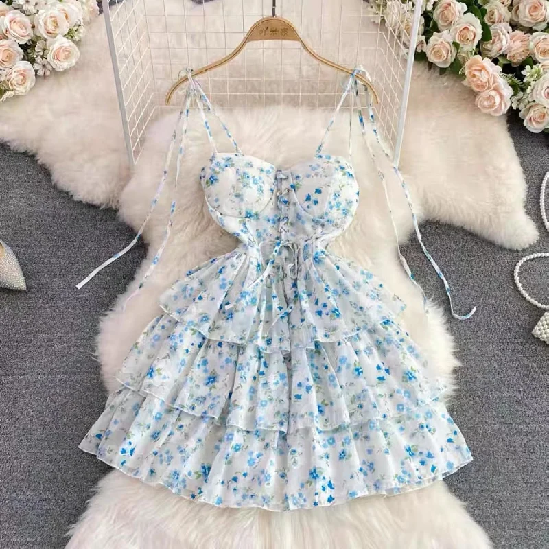 Women's Athletic Outfit Blue Spaghetti Strap Dress, Sleeveless Backless A-line Floral Dress, Chiffon Cake Dress  S4442