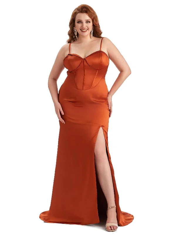 Comfortable Lounge Clothing Sexy Spaghetti Straps Side Slit Mermaid Soft Satin Long Plus Size Dress To Wear to a Wedding