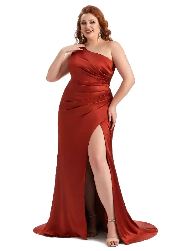 Women's Occasion Wear Clothes Plus Size Sexy One Shoulder Side Slit Mermaid Soft Satin Long Maid of Honor Dress For Wedding