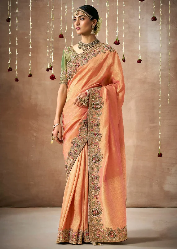 Women's Contemporary Apparel Peachy Orange Embroidered Silk Wedding Wear Saree