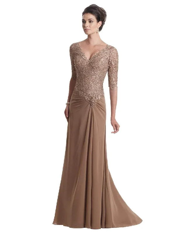 Women's Relaxed Outfit Mon Cheri Lace Bodice V-Neck Gown in Light Coffee 113906