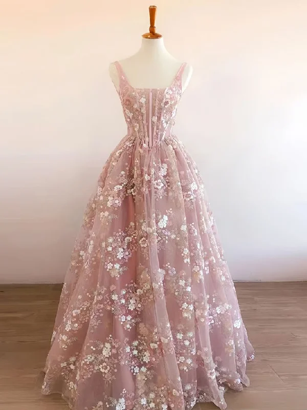 Women's Clothing Outfit Set Pink Square Neck A Line Floral Prom Dress     S6506