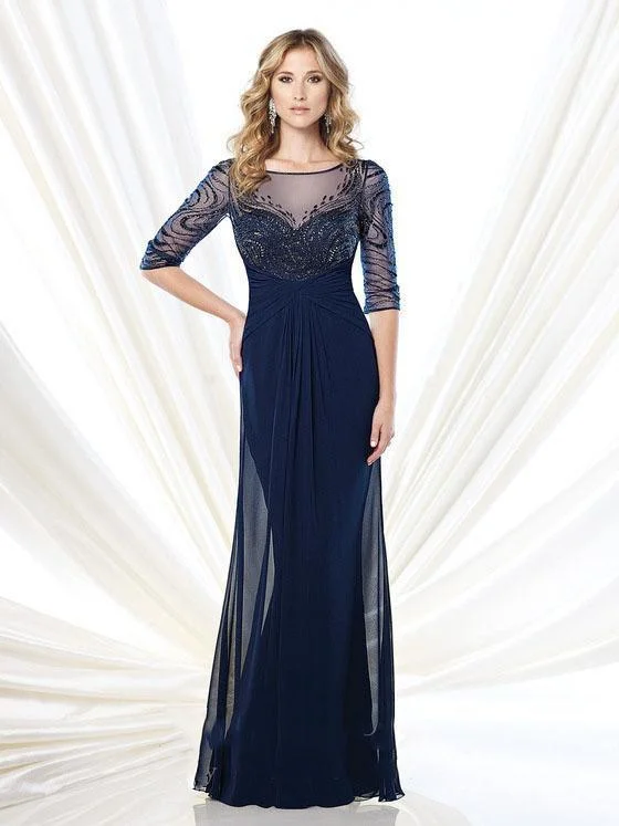 Women's Comfy Loungewear Outfit Mon Cheri Hand-beaded Illusion Long Gown in Navy 215919