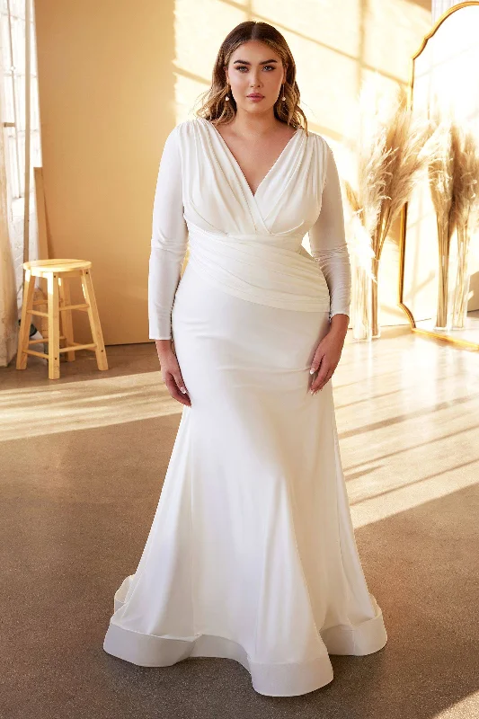 Women's Transitional Outfit Plus Size Stretch Mermaid Fitted Bodice Plunging V-neck Long Sleeves Long Wedding Dress CDCD0169C