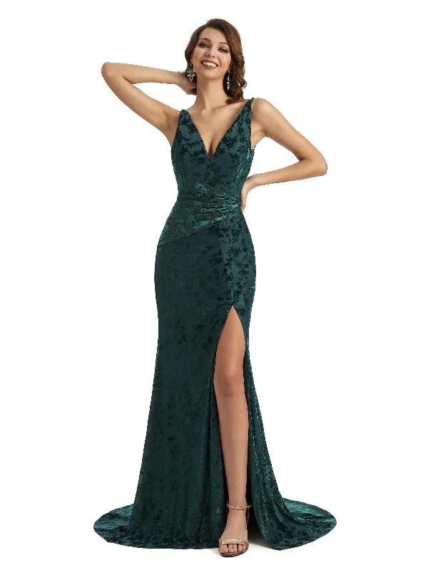 Women's High-Fashion Clothes Elegant Side Slit V-neck Mermaid Floral Velvet Long Bridesmaid Dresses Online