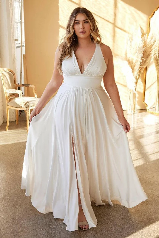 Women's Date Night Outfit Plus Size A-Line Curvy Fitted Bodice V-Neck Long Wedding Dress CD7469WW