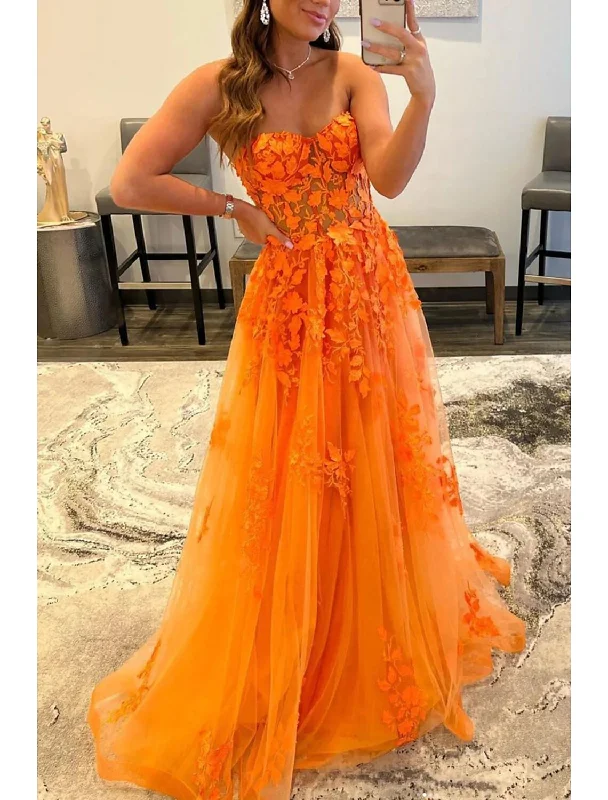 Women's Clothing Sets A-Line Prom Dresses Floral Dress Formal Wedding Guest Sweep / Brush Train Sleeveless Sweetheart Tulle Backless with Pleats Appliques