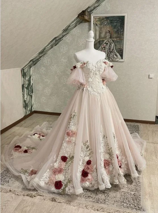 Women's Work Outfit Vintage 3D Florals Wedding Dresses Half Sleeves Light Pink Lace Bridal Gowns    S6641