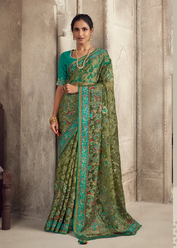 Women's High-Fashion Clothes Green Soft Organza Brasso Embroidered Wedding Festive Saree