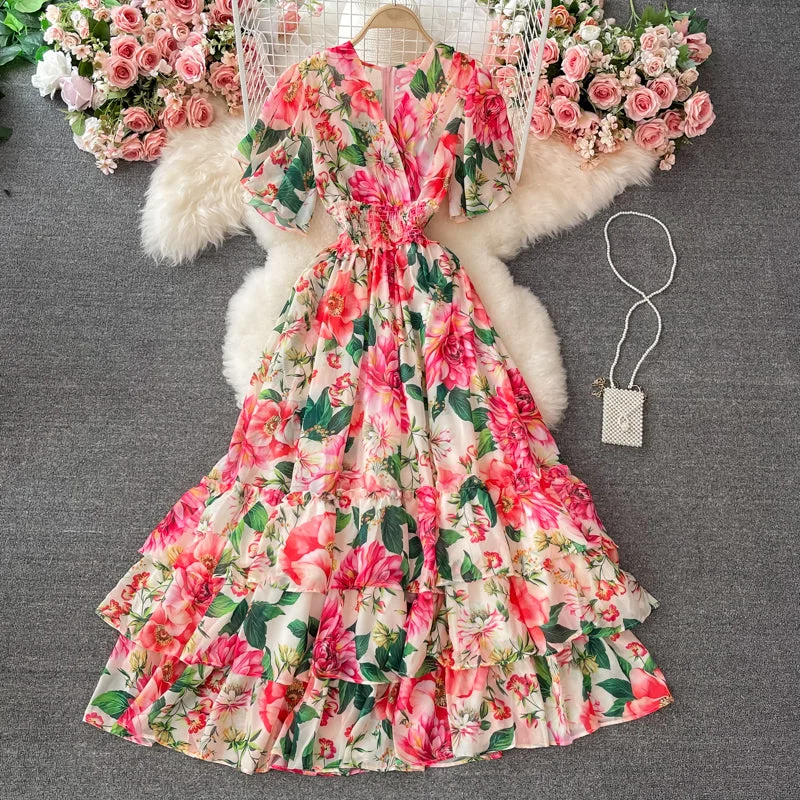 Women's Outerwear Attire Cute v neck floral A line dress fashion dress  S104