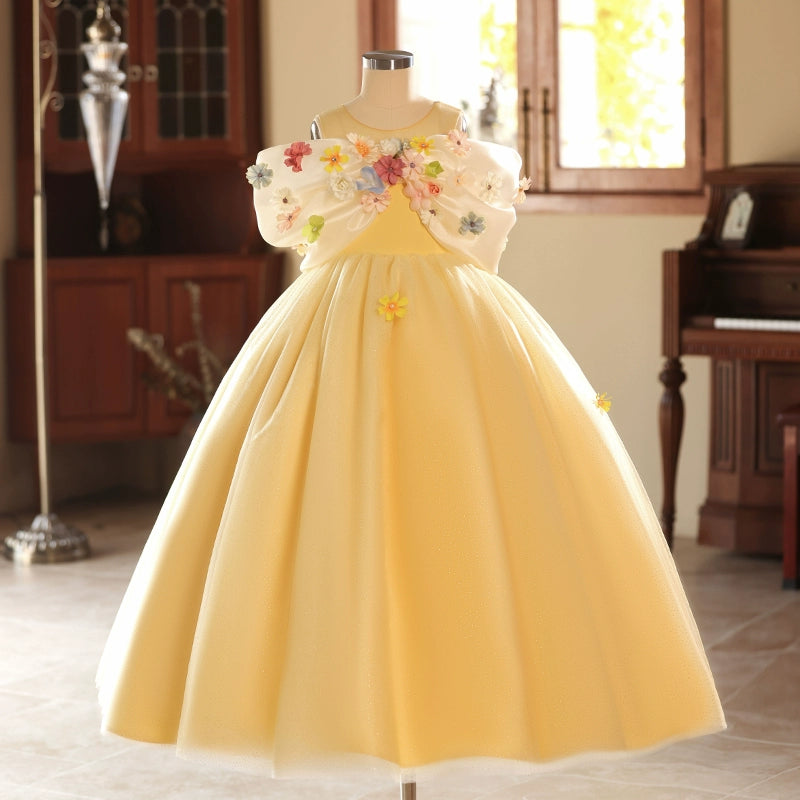 Women's Vacation Outfit Set Children's Yellow Ball Princess Dress Flower Girl Wedding Dress