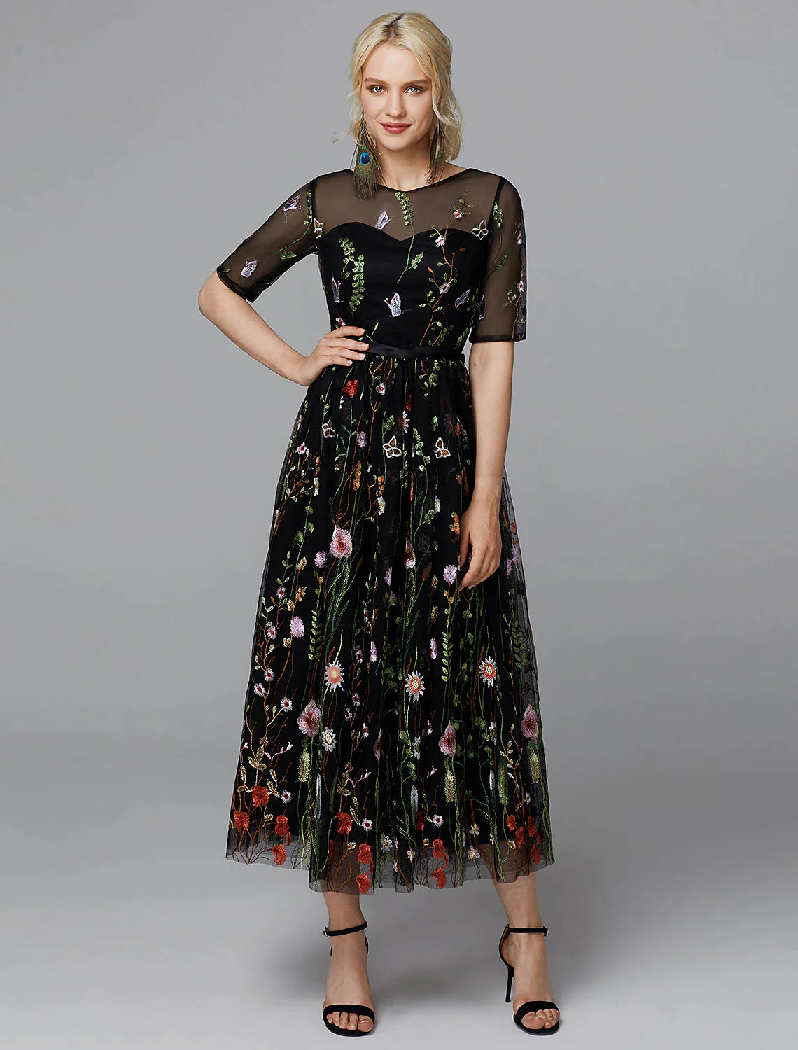 Women's Attire A-Line Floral Dress Holiday Tea Length Half Sleeve Illusion Neck Lace with Embroidery Appliques