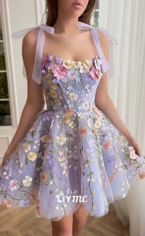 Women's Clothes LY075 - Square Sleeveless Floral Embellished Pleated A-Line Short Homecoming Dress