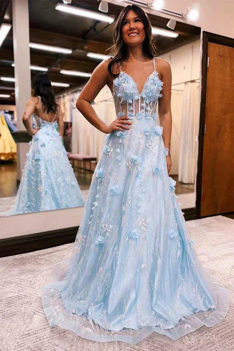 Women's Contemporary Apparel Princess Light Blue 3D Floral Lace V-Neck A-Line Long Prom Dres