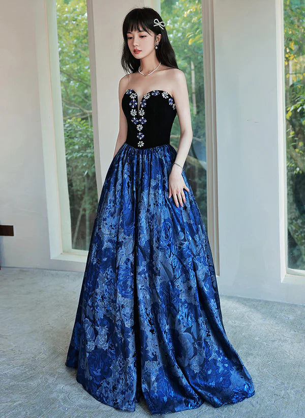 Women's Travel Apparel Blue Floral Satin Sweetheart Floor Length Evening Dress Prom Dress