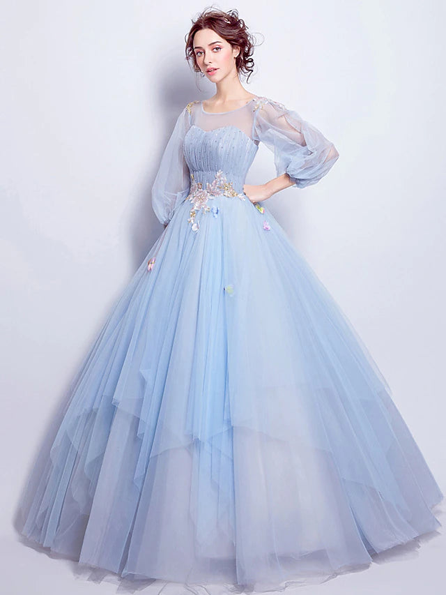 Women's Elegant Clothing Sets Elegant Floral Puffy Quinceanera Engagement Dress Illusion Neck 3/4 Length Sleeve Floor Length Tulle with Pleats Appliques