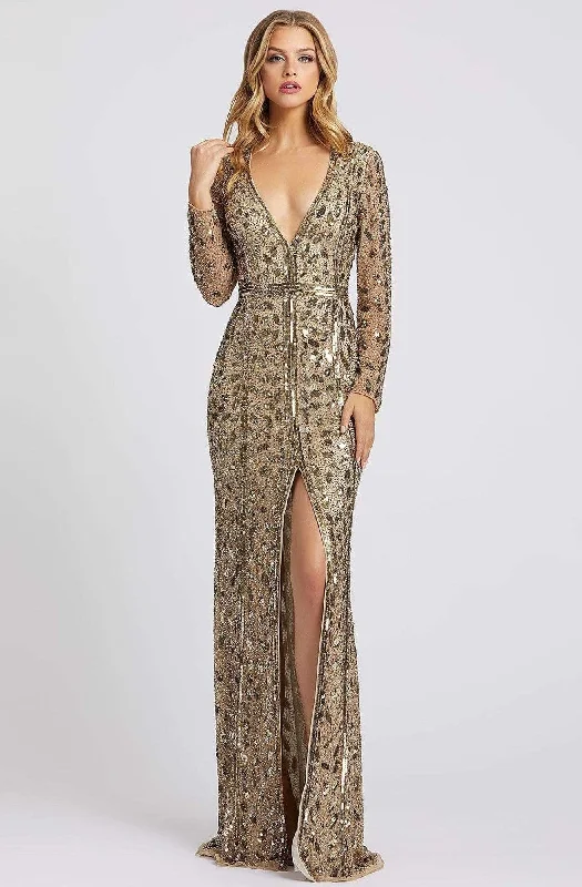 Women's Holiday Clothing Mac Duggal - Sequined Plunging V-neck Trumpet Gown 5002D - 1 pc Antique Gold In Size 2 Available